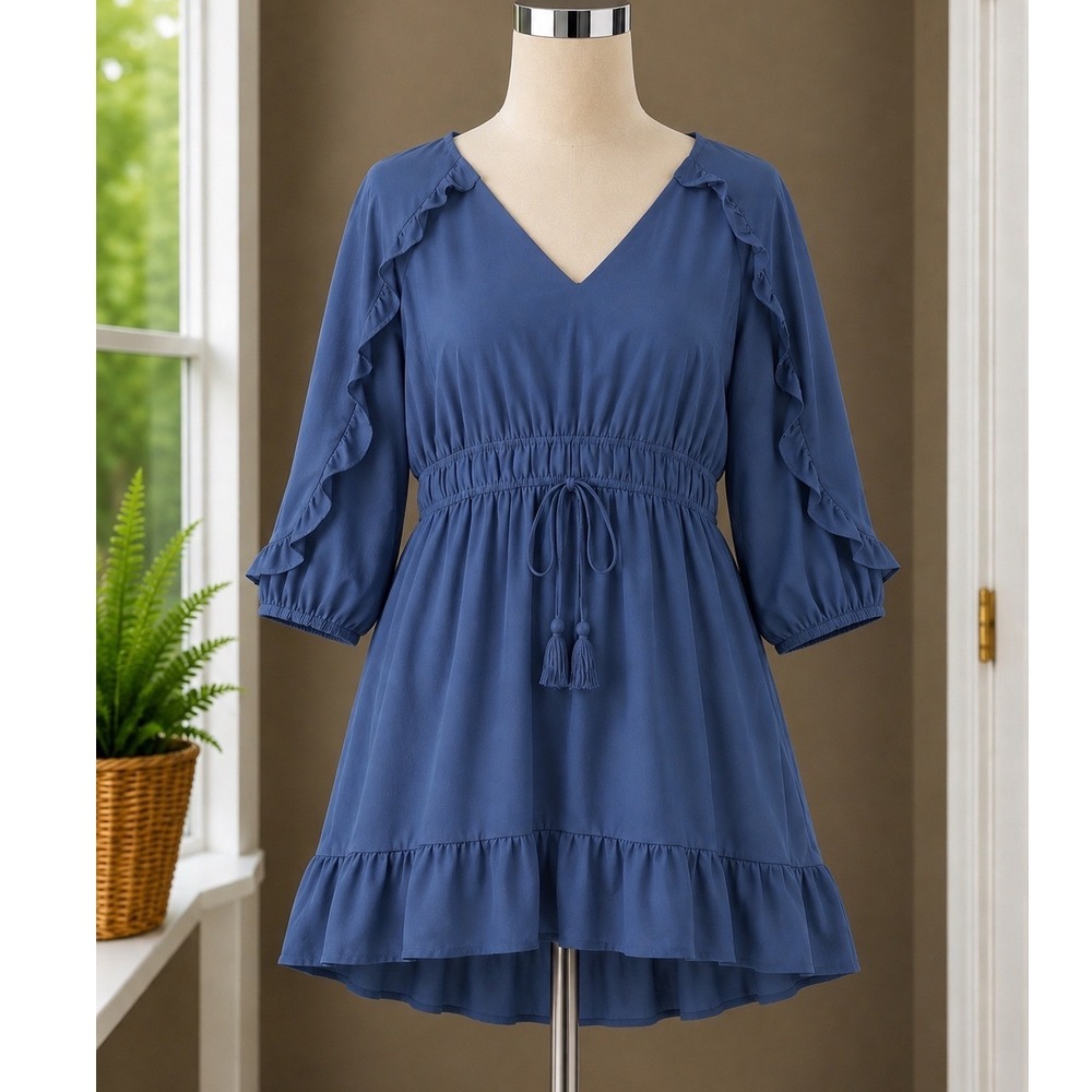 Grace Karin Blue Ruffle V-Neck Mini Dress Smocked Waist Tassel Sz L Cottagecore